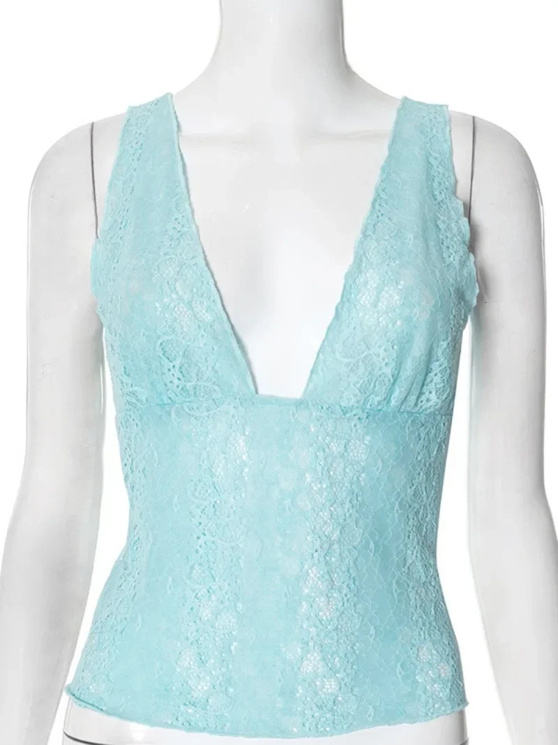 Woman Clothes Lace Tank Tops 2025 Sexy Deep V-neck See-through Sleeveless Blue T Shirt Female Corset Crop Top Party Clubwear 250320