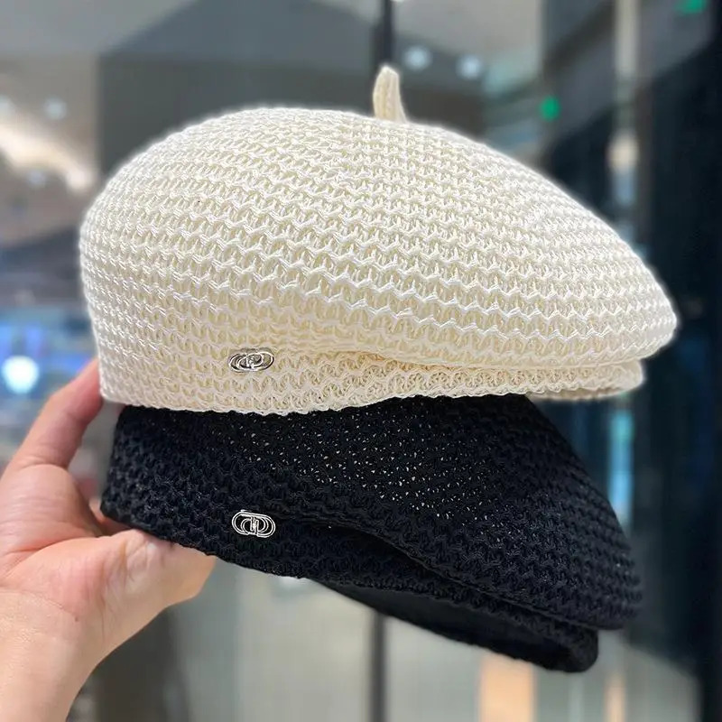 Women Fixed Pleated Paper Straw Beret Summer Milk Silk Knit Breathable Big Artist Fashion Painter Hat 250320