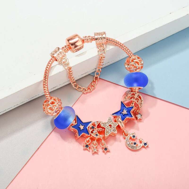 Original Charm Bracelet For Women Blue Crystal Star Beads Pendant DIY Snake Chain High Quality Jewelry Dropshipping