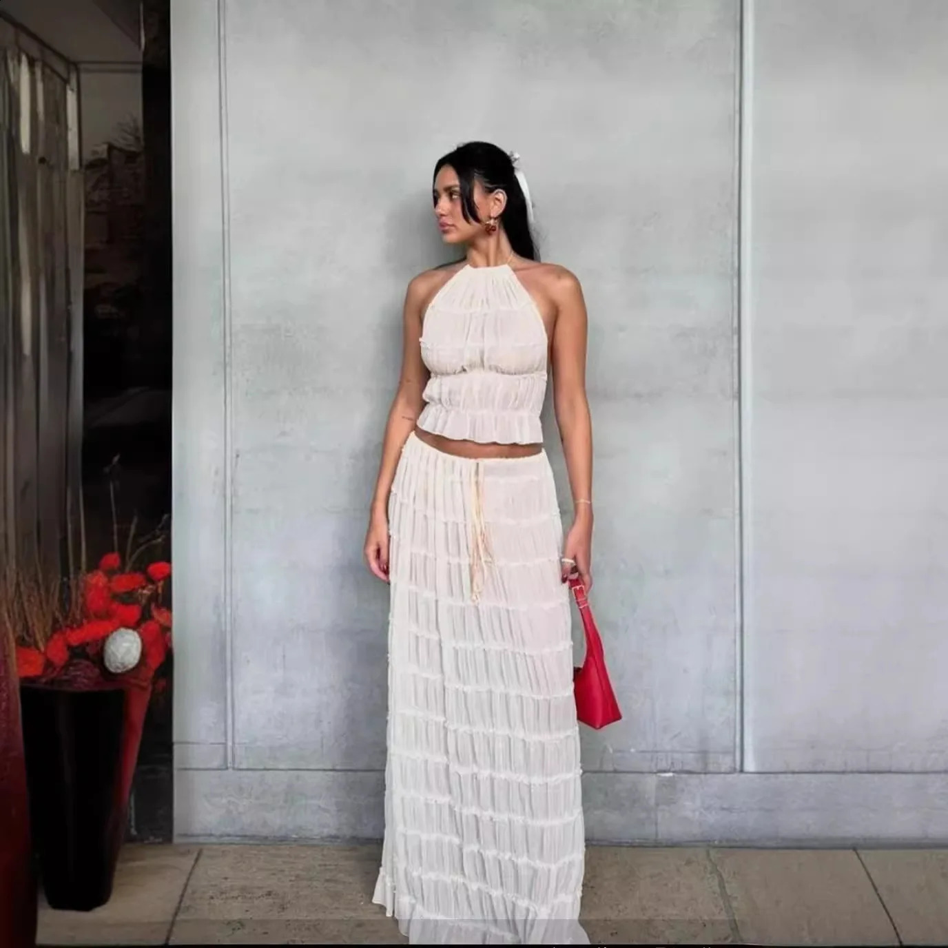 Spring Summer Female 2 Piece Set Fashion Solid Hang Neck Long Skirt Suit Women Backless Sling Top Lace Up Fold Maxi Skirts 250318