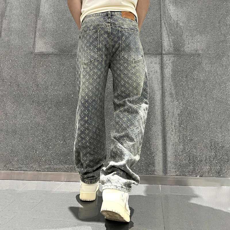Jacquard pattern denim pants mens straight pocket bottom mens loose jeansT250319