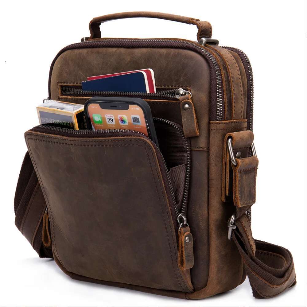 Genuine Messenger Bag Men Casual Man Purse Crossbody Bags For Work Business Vintage Crazy Horse Leather Shoulder Bag