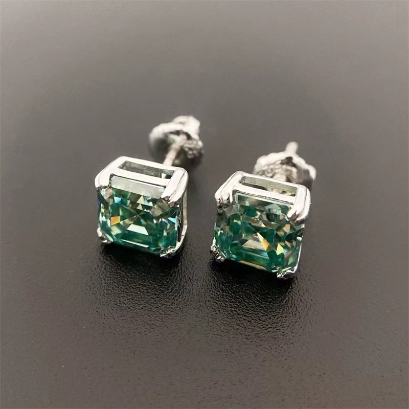 Trendy 925 Sterling Silver Blue Green Color VVS1 Asscher Cut Moissanite Stud Earrings Screw Back for Women Men Jewelry Gift
