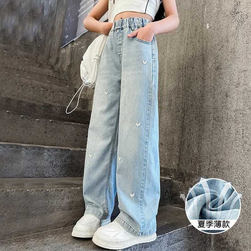 2024 Teen Girls Wide Leg Jeans Children Girls Heart Embroidered Denim Pants Childrens Jackets Pants Girls Clothing 4-12 YearsT250326