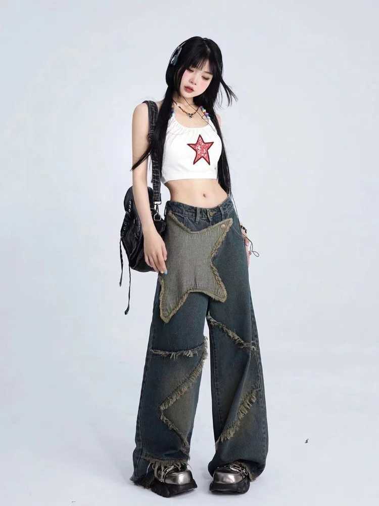 HOUZHOU Y2k Vintage Baggy Jeans Women Harajuku Streetwear Star Denim Trousers Korean Style Hip Hop Grunge Retro Wide Leg JeansT250319