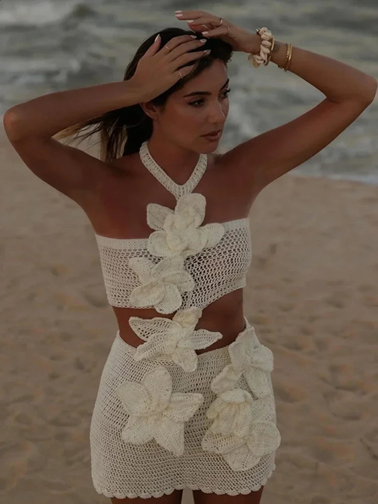 Beach 3D floral hook short skirt for women sexy hollow strapless and backless white dress womens summer ultra-thin robe 250317