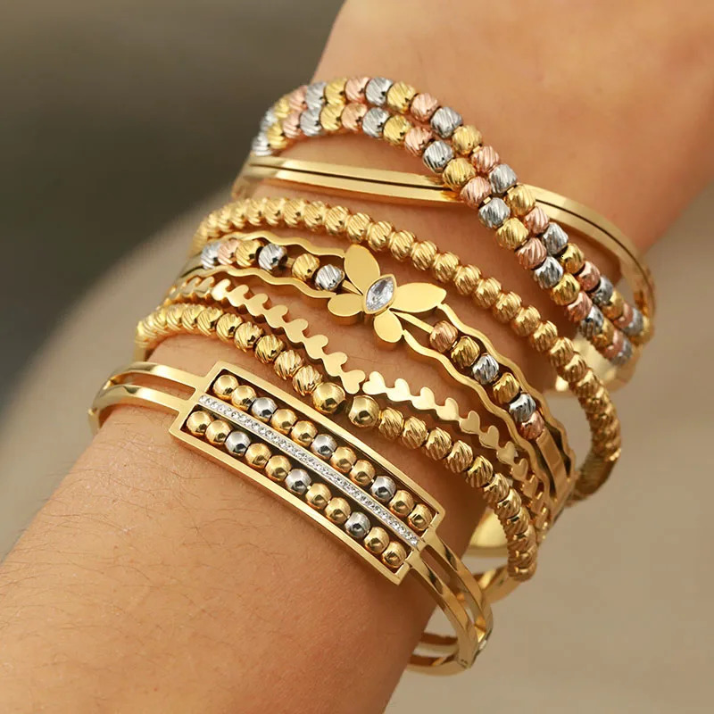 316L Stainless Steel Metal Beads Cross Bangles bracelets for Women Fashion Jewelry Multicolor Butterfly Flower Bangles 250320