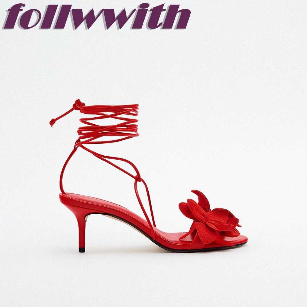 Ladies Solid Red Flowers Lace Up Sandals Unique Sexy Sandals Cross Tied Stiletto Heel Party 2025 New Arrival Summer Woman ShoesC250319