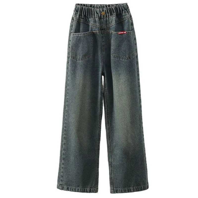 Girls wide leg jeans spring new childrens straight denim pants loose buttonsT250326