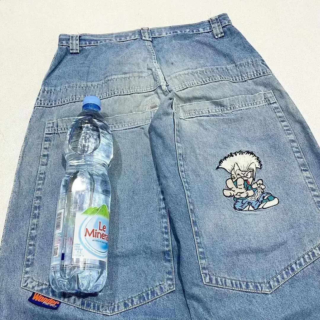 Y2K Kawaii Cartoon Characters Embroidered Light Blue Washed Baggy Jeans Japanese Harajuku Gothic Skateboard Pants Street Clothes 250314