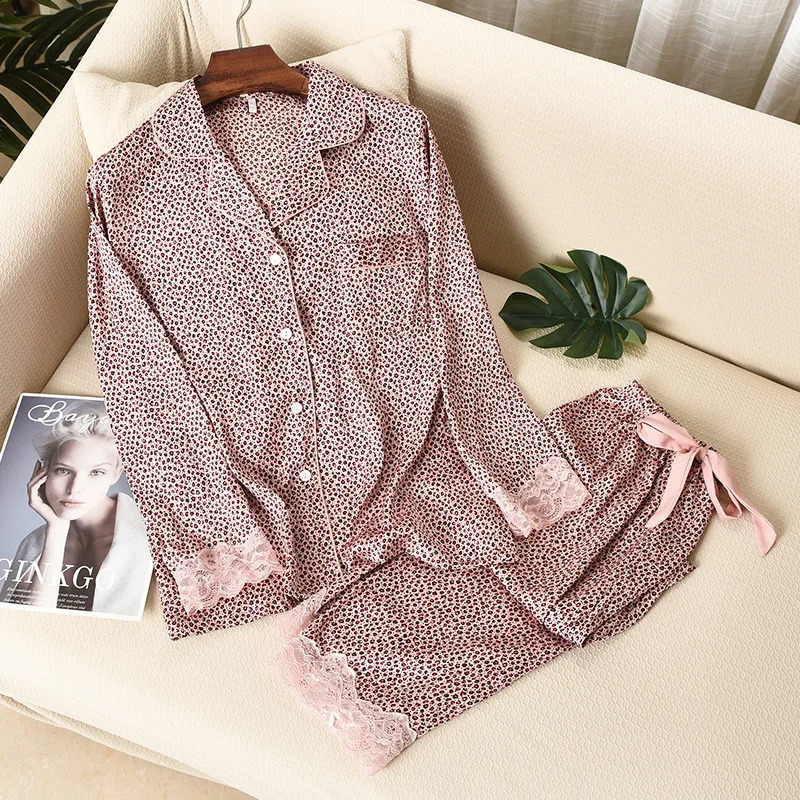 Lisacmvpnel Leopard Print Women Pajama Set Ice Silk Soft Touch Long Sleeve Suit Pyjamas 250319