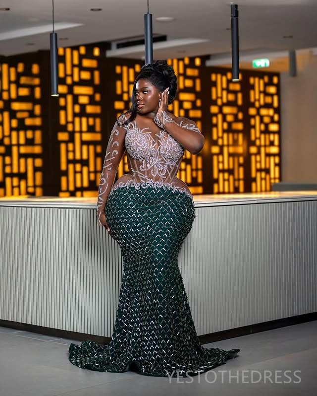 Plus Size Aso Ebi Prom Dresses 2025 Mermaid Prom Dress For Special Occasions Sheer Neck Long Sleeves Illusion Beaded Lace Birthday Second Reception Go