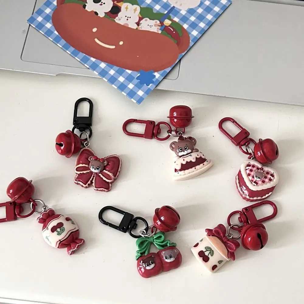 Vintage Berry Red Cartoon Bear Resin Keychain Cute Bear Cake Cherry Bell Keychain Womens Bag Charm Earphone Pendant Small GiftXJ250319