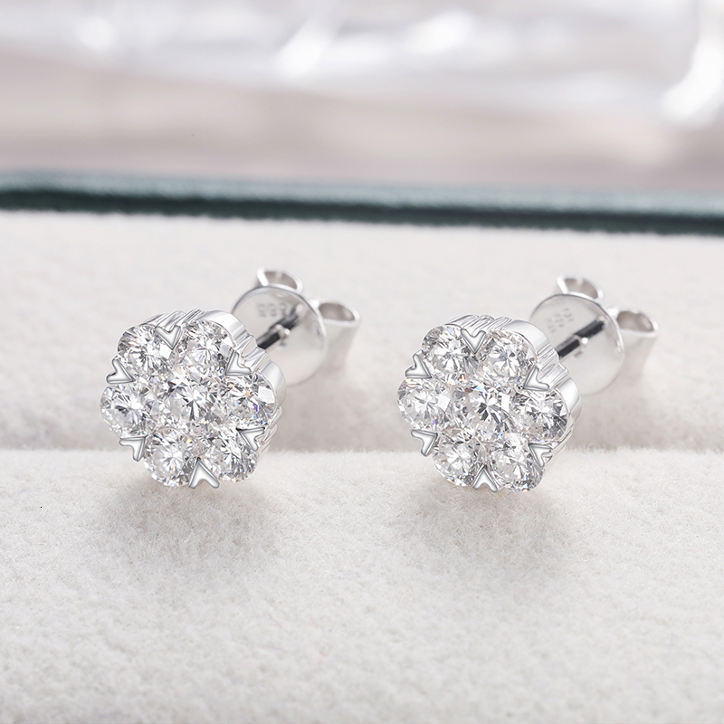 14K White Gold Stud Earrings For Women Men Honeycomb Flower Lab Grown Diamond Round Ear Studs Fine Wedding Birthday Jewelry Gift