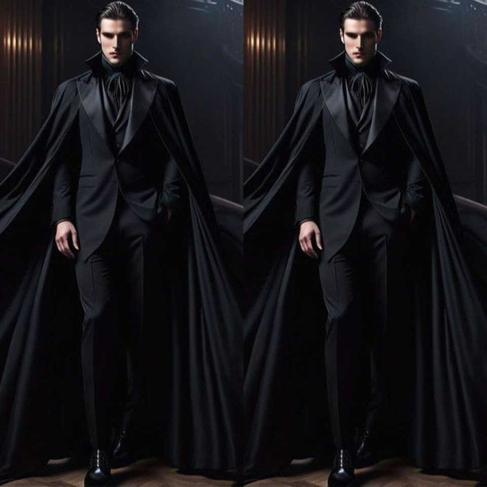 Black Groom Wedding Wear Cool Party Birthday Mens Pants Suits With Cloak 2 Pieces Customized Cosplay Outfits
