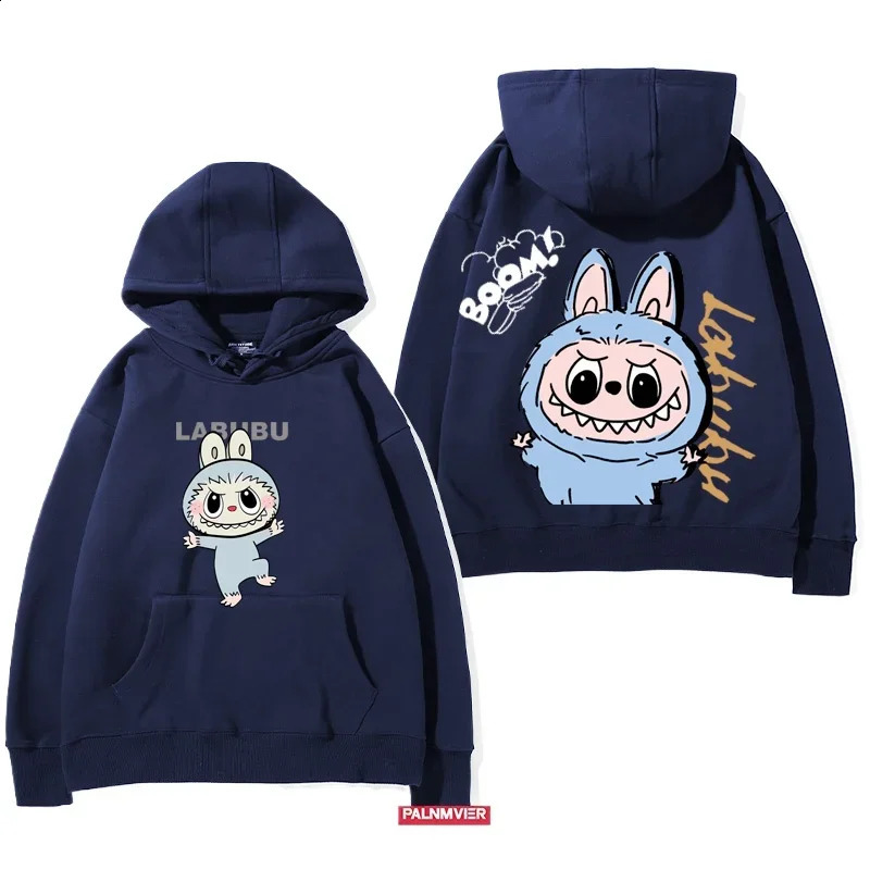 Neutral long sleeved hooded sweatshirt with loose fit and Labubu cartoon print for casual autumn winter cute fashionable comfortable daily wear 250319