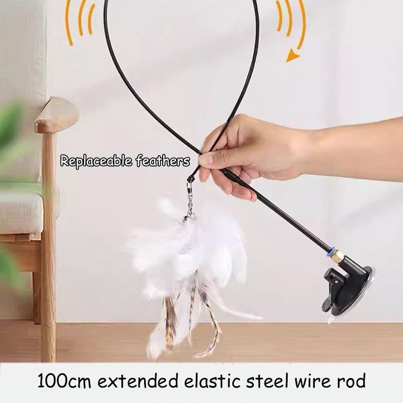 Cat Toy Cat Teaser Stick With Bell Extended Rod Suction Cup Self High And Durable Bite Teaser Tool Replaceable Feather Head