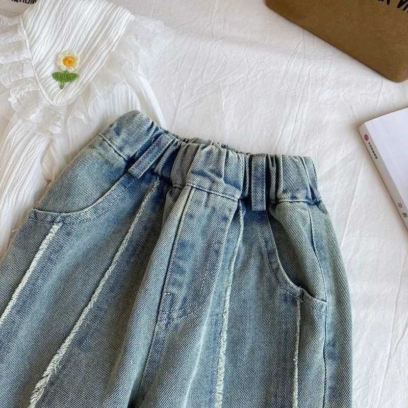 Spring Kids wide leg Spring Pants childrens clothing Trouser girls Tassel jeans Korean loose Trouser casual pantsT250326