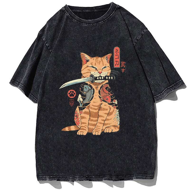 American washed vintage short sleeved t-shirt cute cat trendy brand high street hip-hop couple top outfit