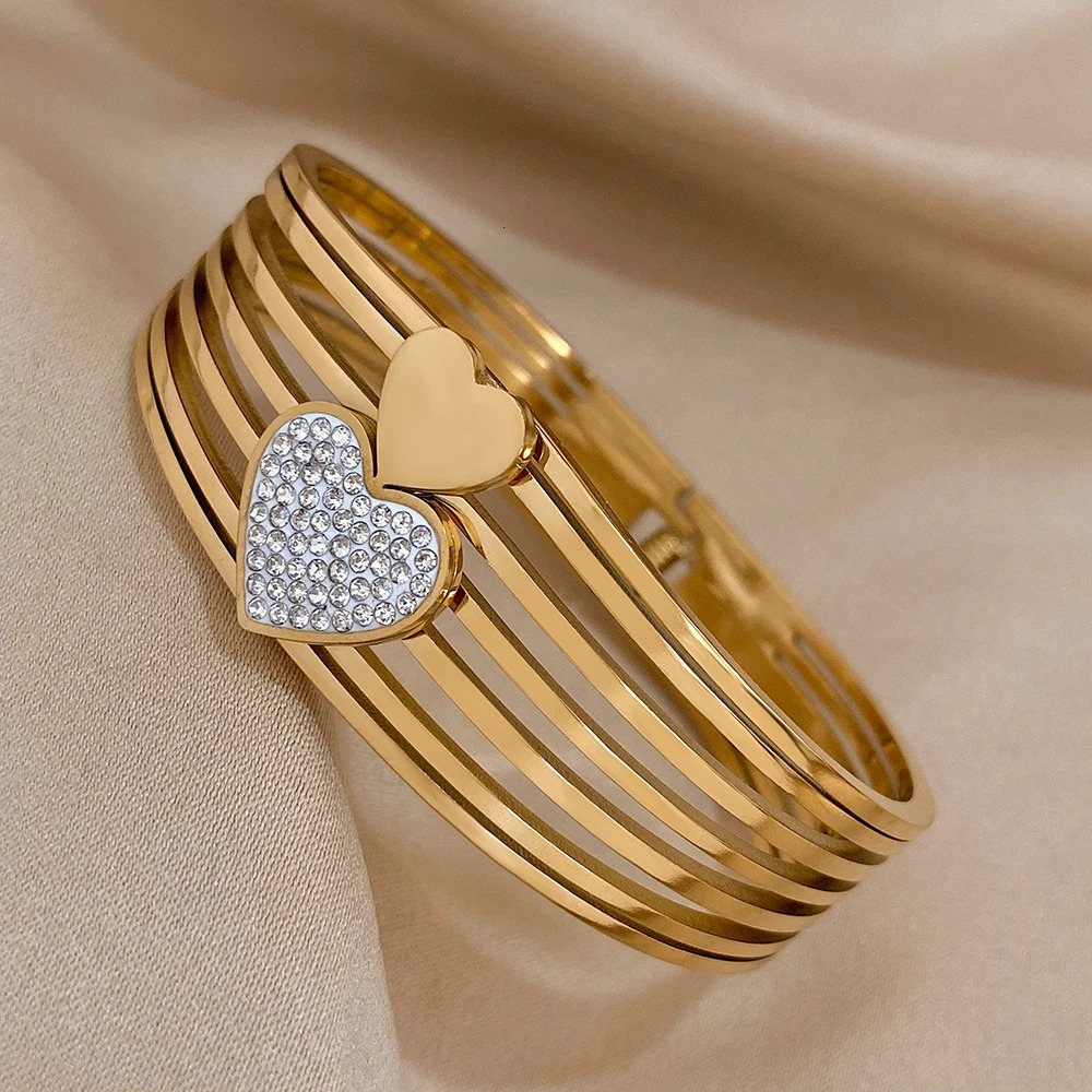 ALLYES n Chic Small Big Rhinestone Love Heart Wide Stainless Steel Bangles Bracelet Charm Gold Color Accessories Gift 250320