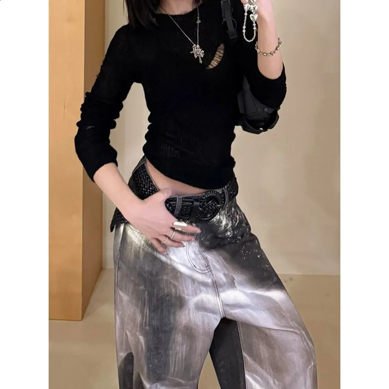 American retro large-size water washing silhouette waterfall jeans for women spring girl digital printed floor trousers 250319