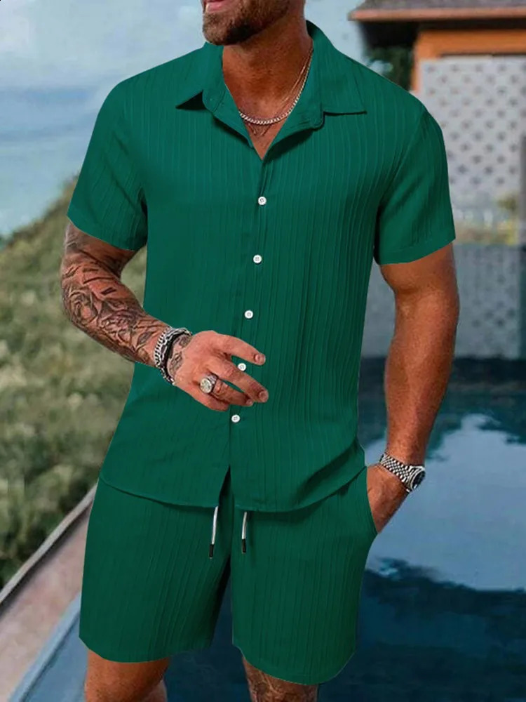 Spring and summer mens sports polo casual solid color loose short sleeved drawstring shorts cardigan striped sportswear 250319