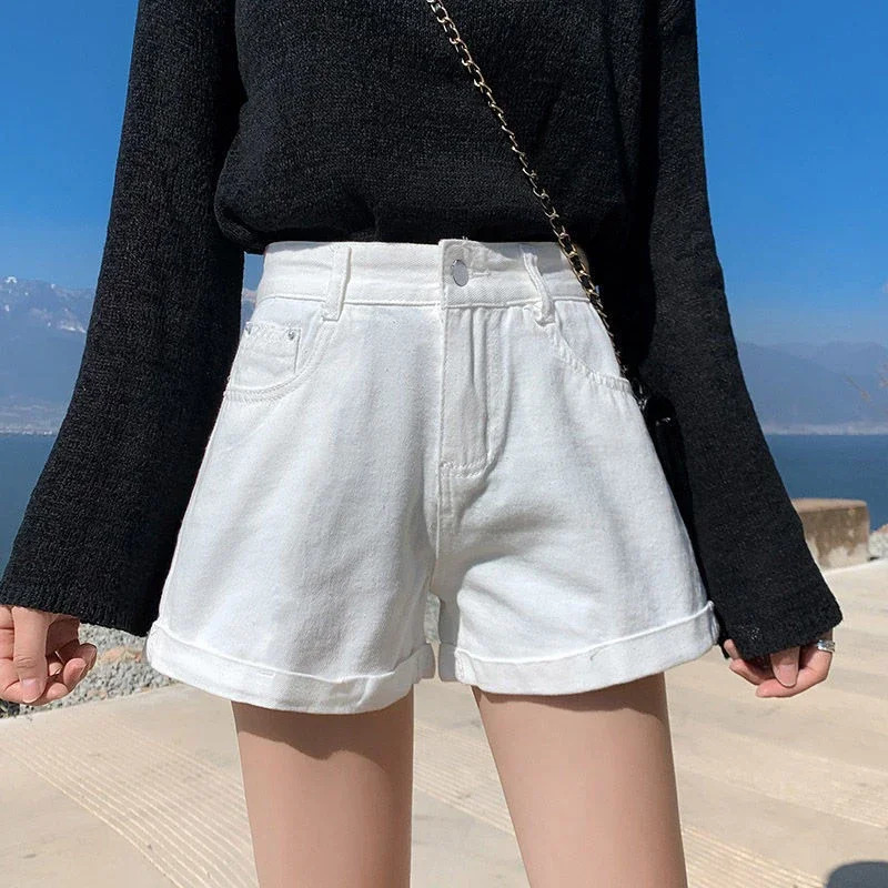 Summer Womens Denim Shorts High Waist Blue Cotton Wide-leg Short Pants s Student Mini Korean Fashion Womens Jean Shorts 250320