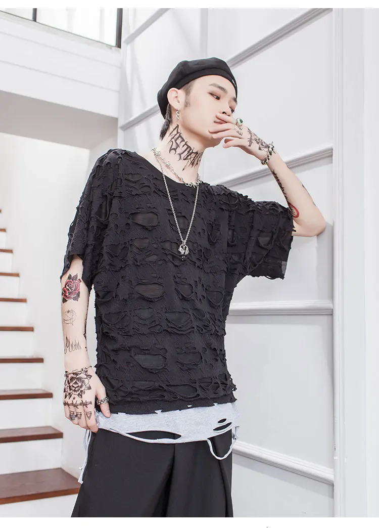 Dark summer personality hole alternative perspective mesh loose short sleeve Tshirt trendy mens ins bottom coat shirt 250320