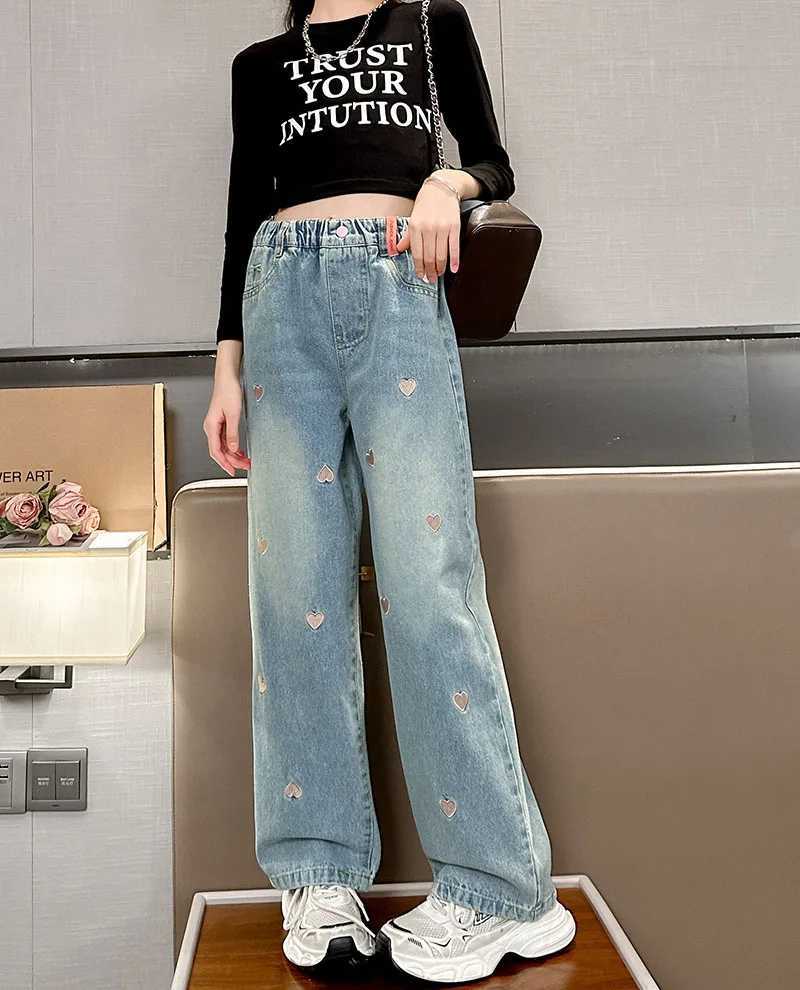 2024 Spring/Summer Girls Versatile Love Metal Buckle Wide Leg Pants Pocket Jeans Elastic Waist Pants 1-6 Years OldT250326