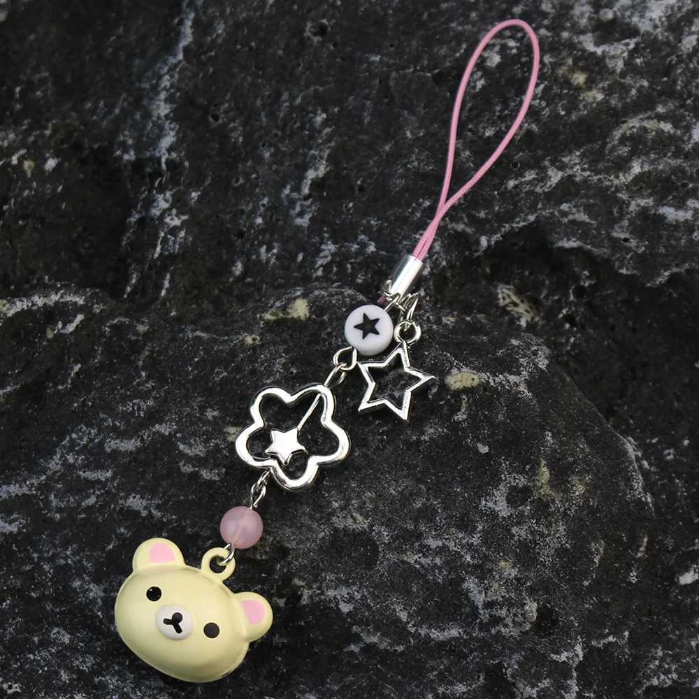 Cute Rilakkuma bear bell matching phone charm Y2K handmade star shaped hanging chain Kawaii bead mobile pendant card keychainXJ250319