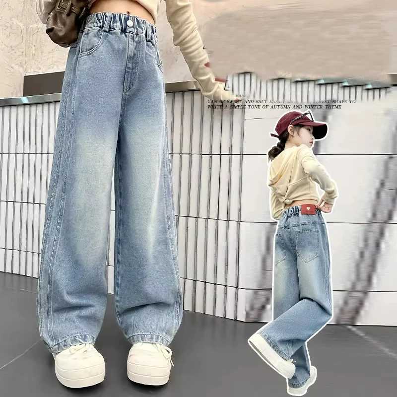 Korean Spring Style Trendy School Girls Retro Jeans Loose Legs Childrens Outdoor Pants Cotton Soft Touch Childrens Cowboy TrousersT250326