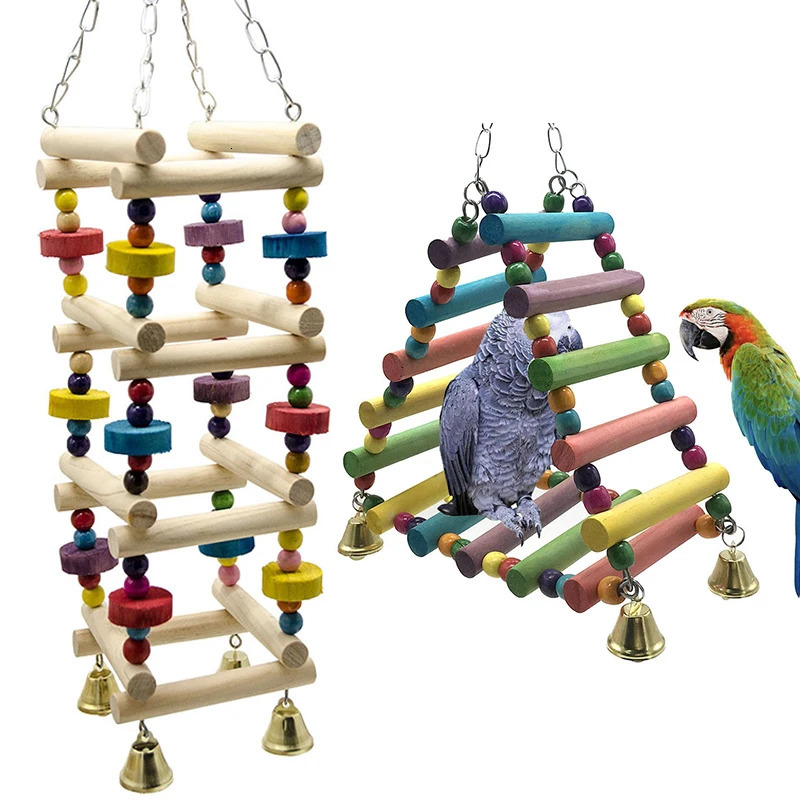 Wooden parrot hanging rainbow pendant training ladder toy with bell birdcage pet accessories suitable for large and small birds 250320