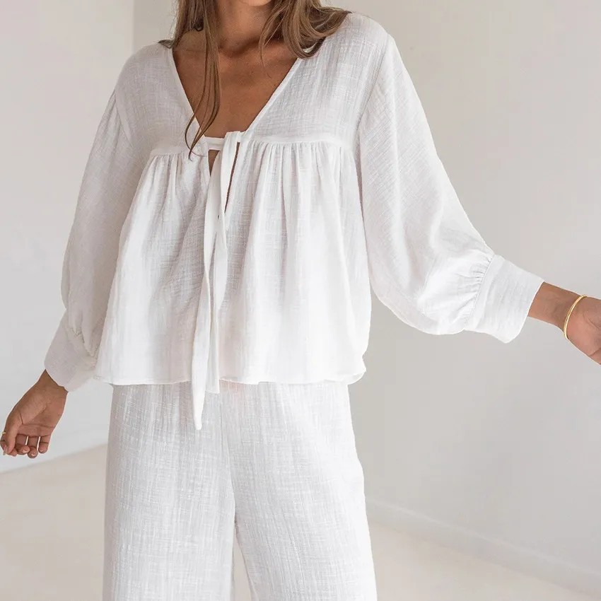 Elegant Women's Long Sleeved PJs Lightweight Double Crepe Home Loungewear Set