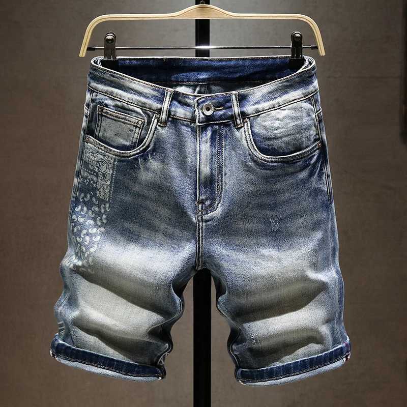 Summer new mens elastic shorts fashionable casual slim fit high-quality elastic denim shorts mens brand clothing W250319