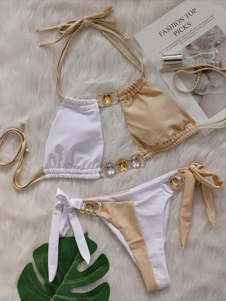 Splicing Halter Jewelled Diamond Bikini 2025 Women Swimsuit Female Swimwear Two Pieces Bikini Set Hollow Out Bathing Suit Swim 250320