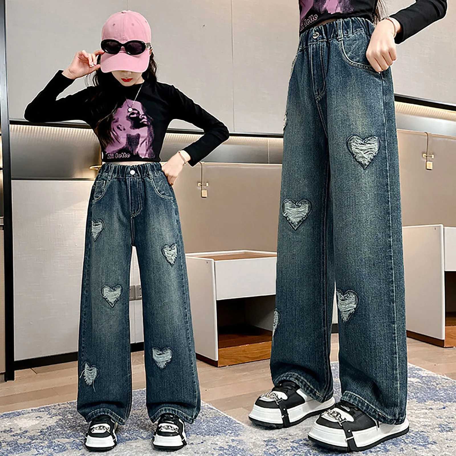 Boys Girls Baggy Pants Cute Baggy Denim Pants Elastic Waist Straight Wide Leg Jeans Y2k Streetwear Oversize SweatpantsT250326