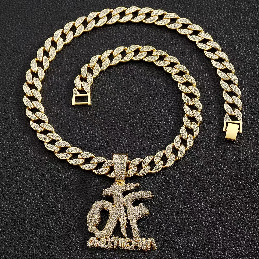 Wholesale hip hop rhinestone alloy bling OTF letter pendant with 15mm cuban link chain necklace 250320
