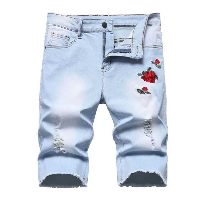 Summer red rose embroidered denim shorts mens fashionable casual shorts black blue white mens torn and worn denim shorts W250319