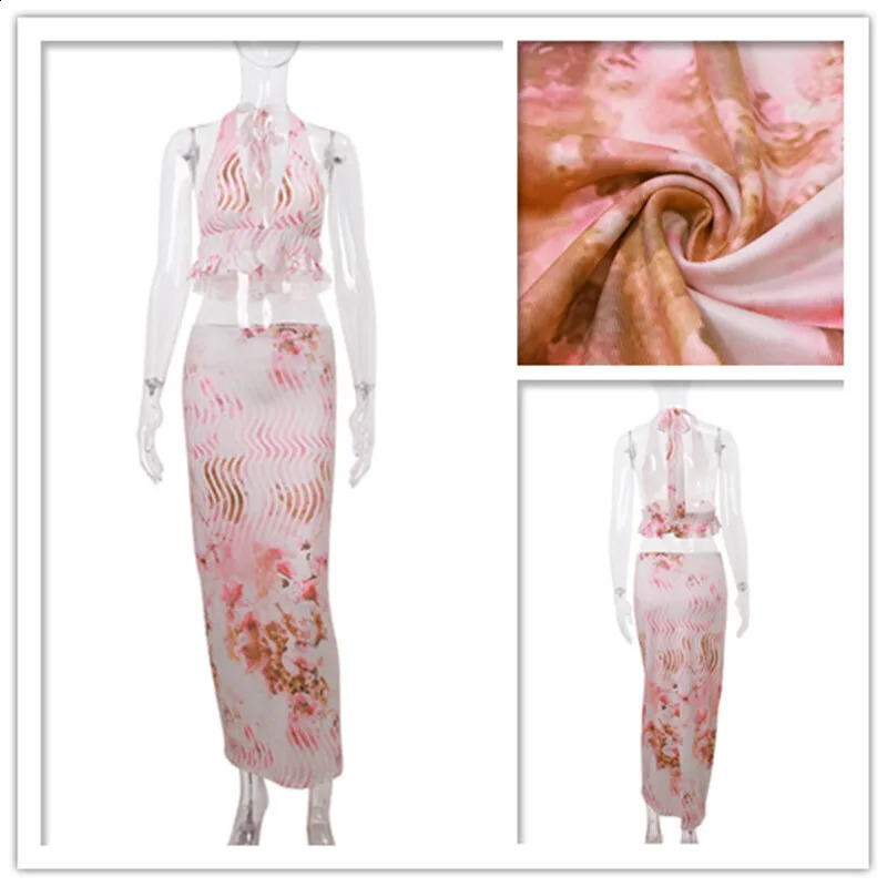 Avrilyan Printed Sexy Party Two Piece Set Deep V Crop Top Midi Skirts Bodycon 2-piece Set Womens Vacation Summer Set 250318