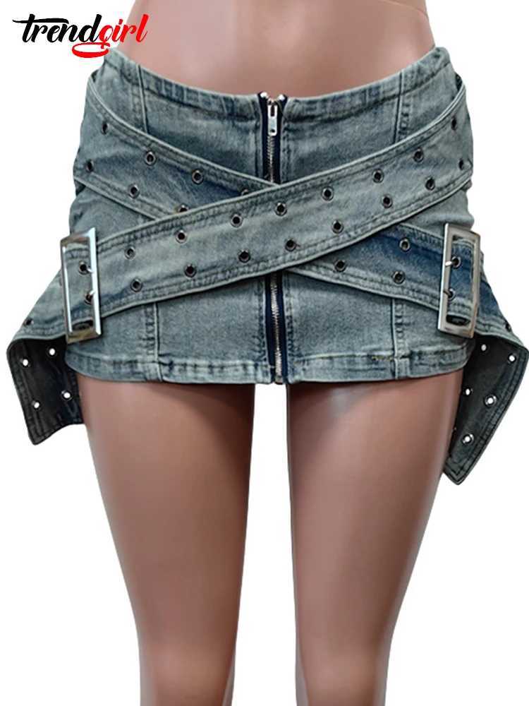 Mlaiscsr Luxury Denim Mini Skirts Women Summer Cross Belt Zipper Blue Wild Night Club Wrap Hip Jean Short Dress Street BotXJ250320
