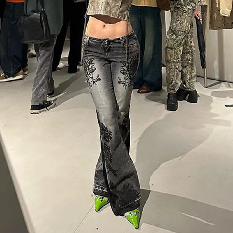 Rockmore Streetwear Low Rise Flare Jeans for Woman Y2K Aesthetic Print Jean Pants Vintage Washed Denim Trouser Grunge Fairycore 250319