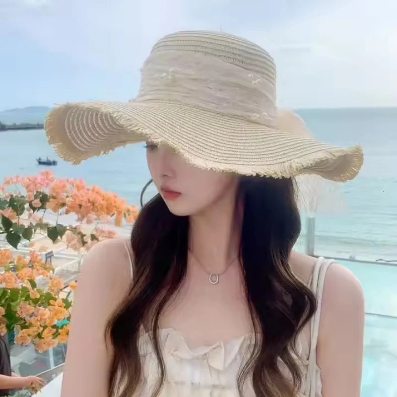 Beach Straw Hat For Women Summer Korean Style Large Brim Sun Protection Cap With Lace Pearl Versatile Fashion Vacation Beach Hat 250320