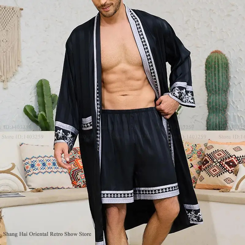 Spring mens long robes kimono bathroom gowns Baroque style silk satin pajamas home clothing loose casual sleepwear pajamas 250320
