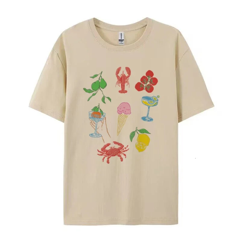 Women Retro Italian Food T-Shirt Cute Lobster Seafood T Shirt Cocktail Fruit Graphic Tee La Dolce Vita Shirt Summer Vacation Top 250320