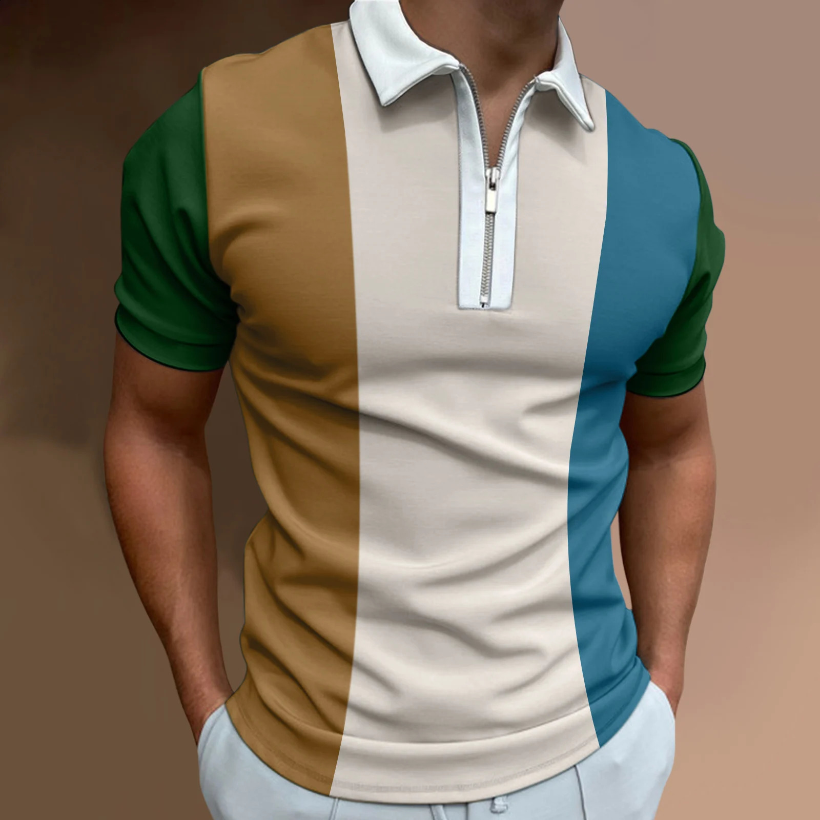 Mens Solid Color Striped Polo Shirt Short Sleeve Golf Turn-down Collar Zipper Polo Shirt for Men Casual Streetwear Summer Tops 250319