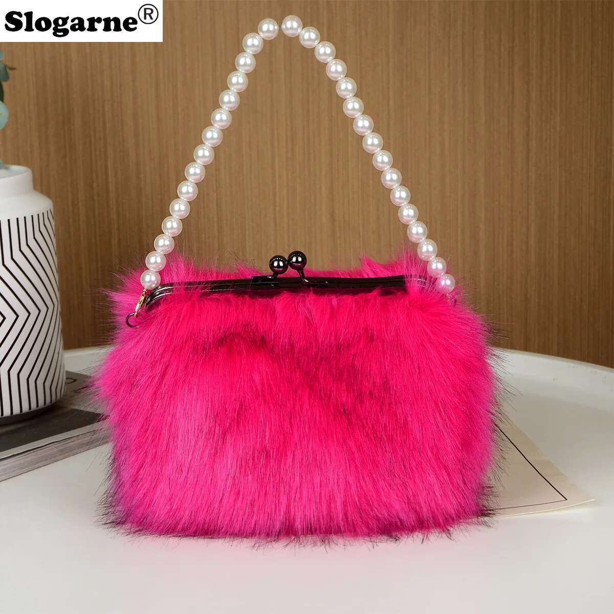 Women's Winter Faux Top Candy Color Pearl Handle Ladies Fox Fur Handbag Female Small Fluffy Clutch Evening Bags