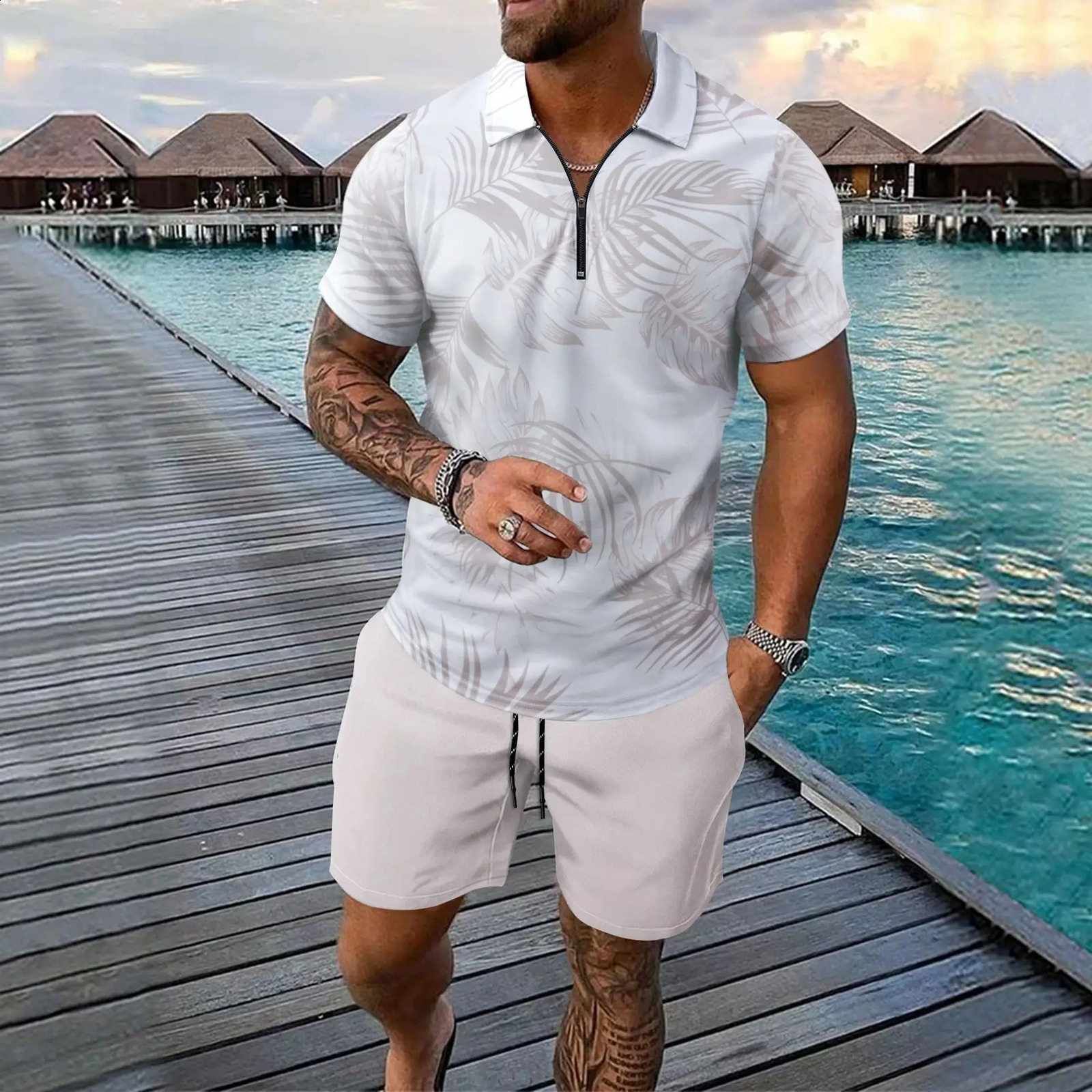 Cross-border Beach Mens European and American Digital Printed Zipper Short-sleeved POLO Shirt Shorts Set Short Sets 250319