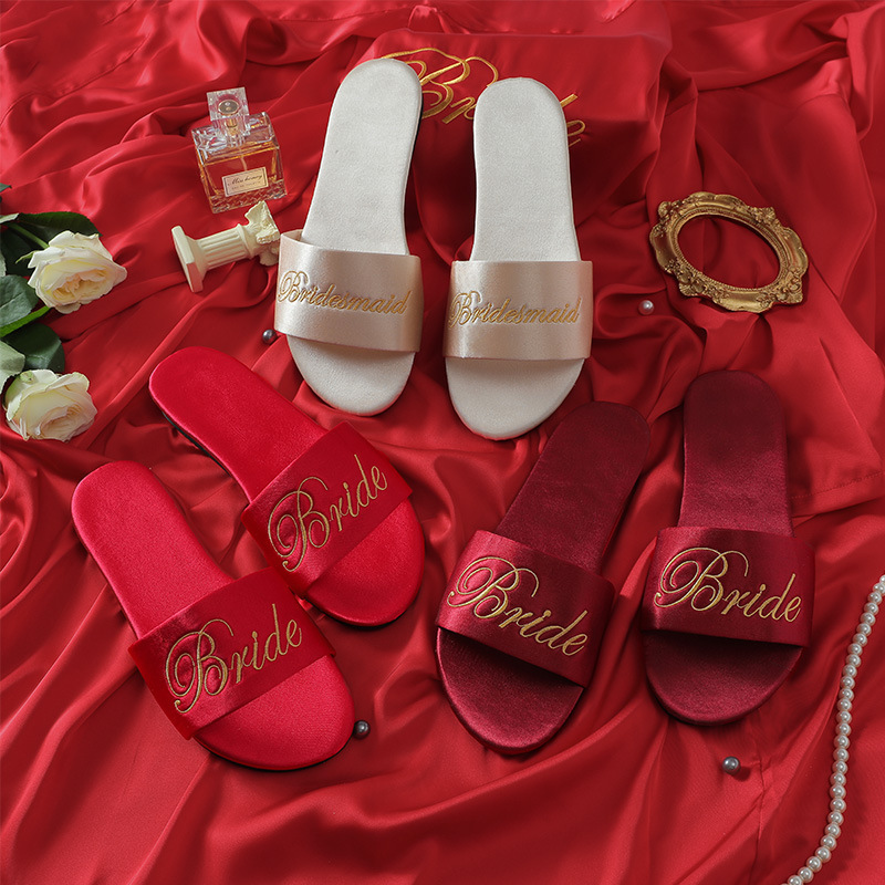 Designer Slippers 2025 Women's Embroidery New Bridesmaid Silk Red Slippers Fashion Wedding Bridal Morning Dress With Shoes Female Trend