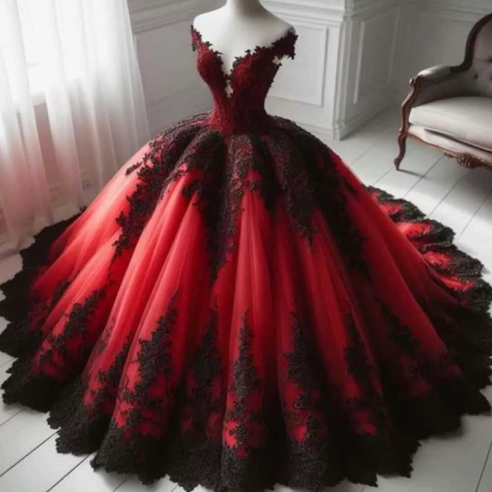 Black And Red Ball Gown Gothic Wedding Dresses Off Shoulder Court Train Retro Bridal Gown Lace Appliques Pleats Long Vestido De Novia Back Lace-Up Cus