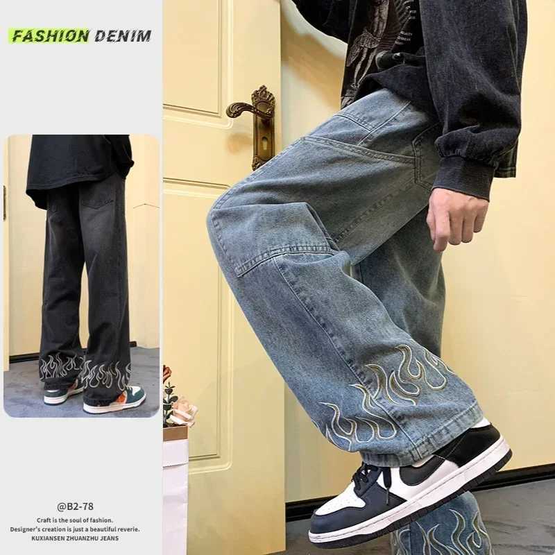 2024 new autumn mens street hip-hop loose wide leg pants Y2k Harajuku style pocket straight jeans black blueT250319